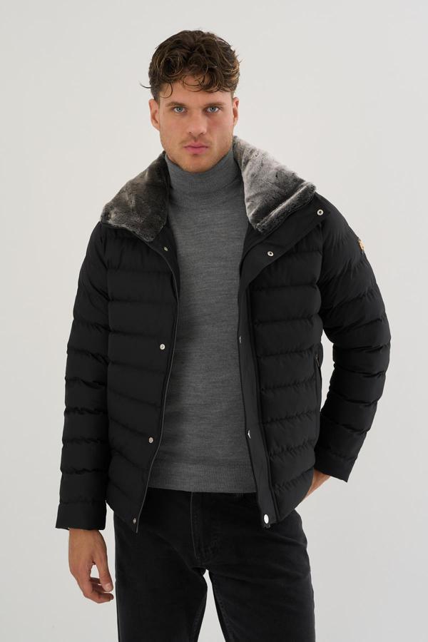 Erkek Siyah Su Ve Rüzgar Geçirmez Yükseltilebilir Yaka Kürklü Mont&Kaban - Image 1