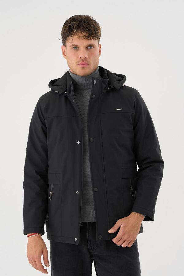 Erkek Siyah %100 Su Ve Rüzgar Geçirmez Kürklü Çıkartılabilir Kapüşonlu Mont&Kaban - Image 1