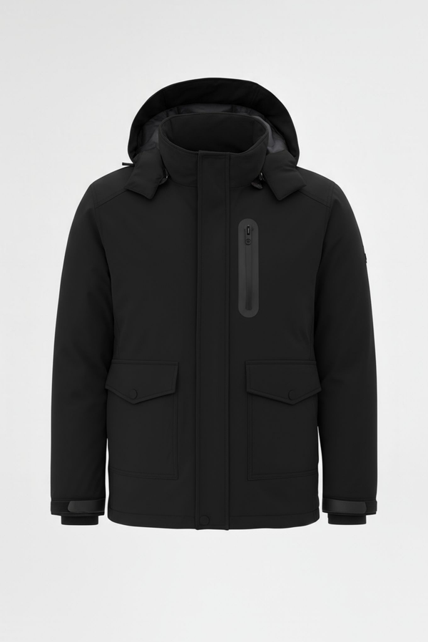 Erkek Siyah Outdoor Su Geçirmez Kapüşonlu Kışlık Kaban – Rüzgar ve Yağmura Dayanıklı - Image 1