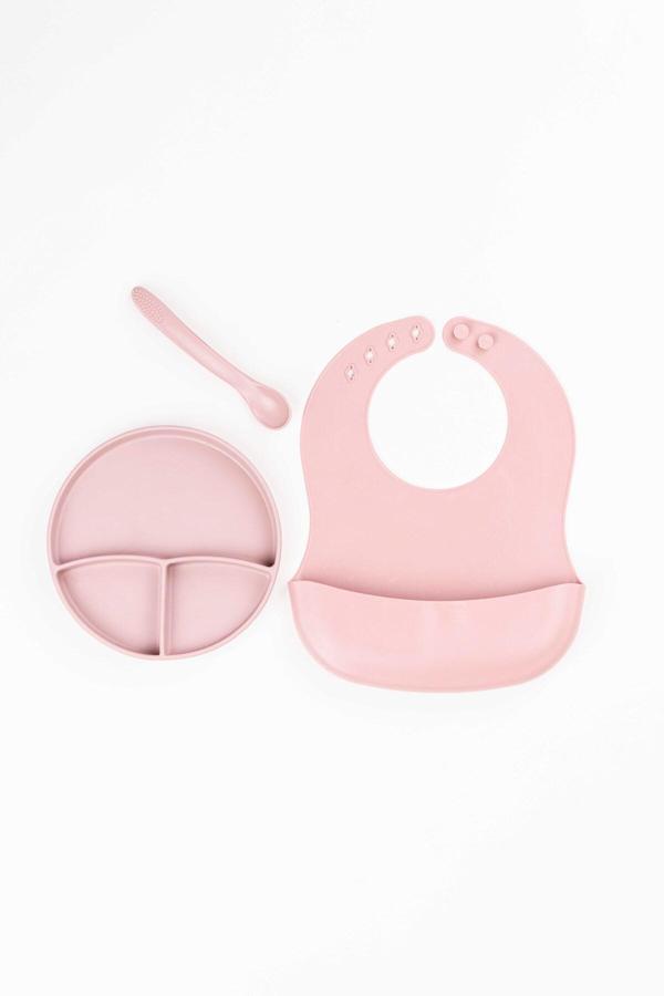 Noibaby 3’Lü Silikon Yemek Seti – Önlük + Diş Kaşıyıcılı Kaşık + Vakumlu Tabak (Pembe) - Image 1
