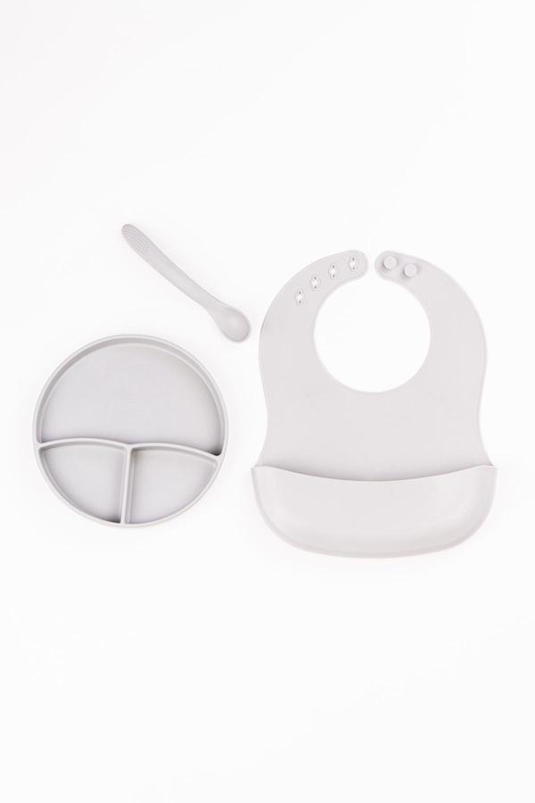 Noibaby 3’Lü Silikon Yemek Seti – Önlük + Diş Kaşıyıcılı Kaşık + Vakumlu Tabak (Gri) - Image 1