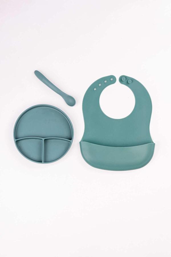 Noibaby 3’Lü Silikon Yemek Seti – Önlük + Diş Kaşıyıcılı Kaşık + Vakumlu Tabak (Yeşil) - Image 1