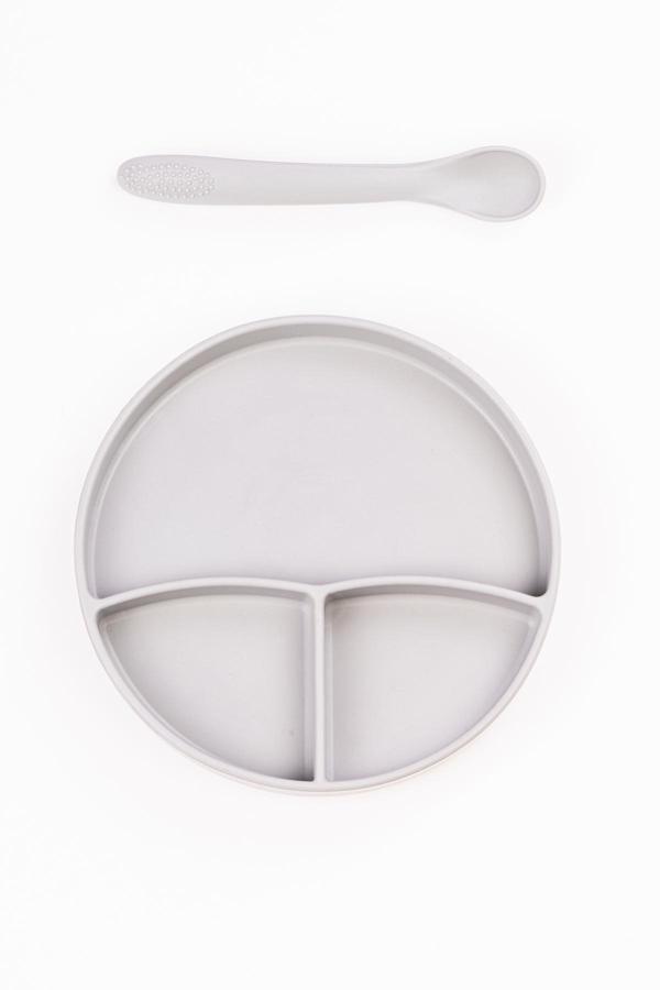 Noibaby Vakum Tabanlı Silikon Tabak - Silikon Kaşık 2'Li Set - ( Gri ) - Image 1