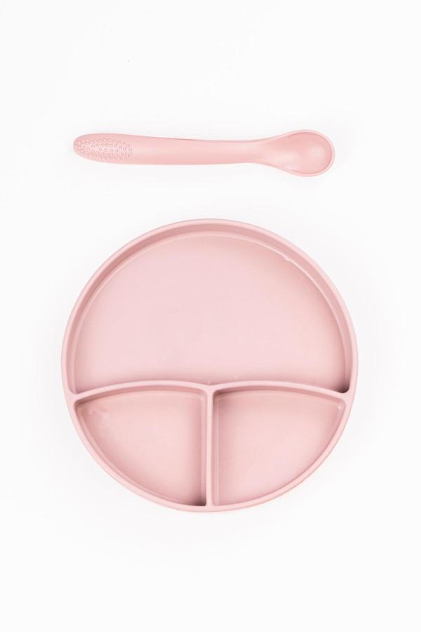 Noibaby Vakum Tabanlı Silikon Tabak - Silikon Kaşık 2'Li Set - ( Pembe ) - Image 1