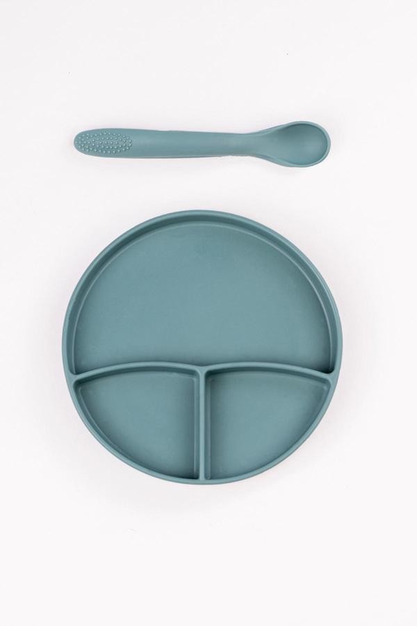 Noibaby Vakum Tabanlı Silikon Tabak - Silikon Kaşık 2'Li Set - ( Koyu Yeşil ) - Image 1