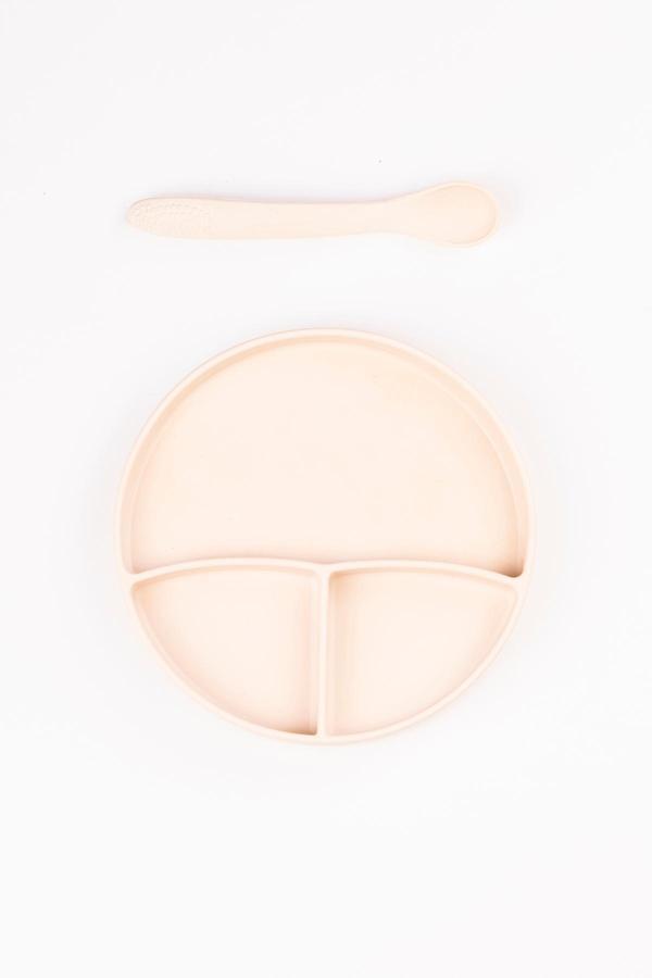 Noibaby Vakum Tabanlı Silikon Tabak - Silikon Kaşık 2'Li Set - ( Krem ) - Image 1