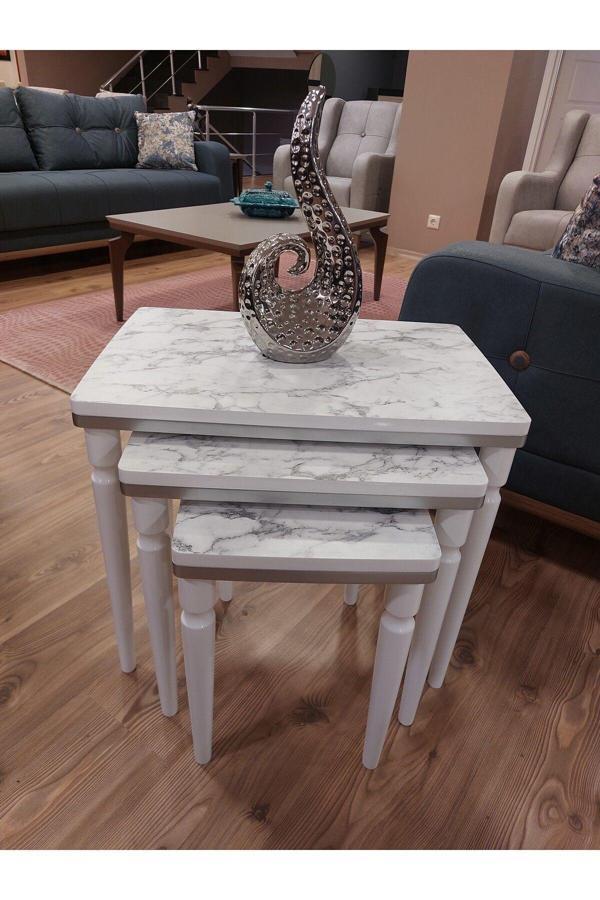 Akset 3Lü Lüx Zigon Sehpa Beyaz Mermer Gümüş - Image 1