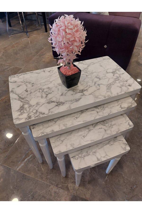 Akset 4Lü Lüx Zigon Sehpa Beyaz Mermer Full Beyaz - Image 1