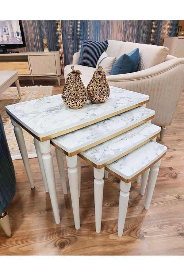 Akset 4Lü Lüx Zigon Sehpa Beyaz Mermer Gold - Image 1