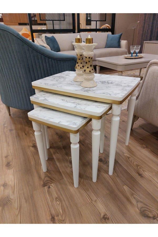 Akset 3Lü Lüx Zigon Sehpa Beyaz Mermer Gold - Image 1