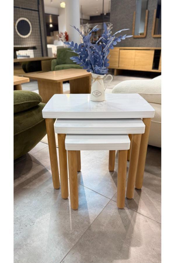 Akset 3Lü Full Beyaz Zigon Sehpa Bohem Ceviz Ayak - Image 1