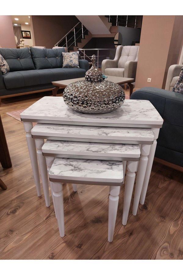 Akset 4Lü Lüx Zigon Sehpa Beyaz Mermer Gümüş - Image 1