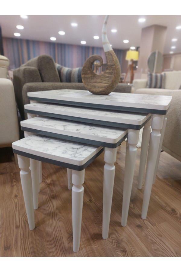 Akset 4Lü Lüx Zigon Sehpa Beyaz Mermer Antrasit - Image 1