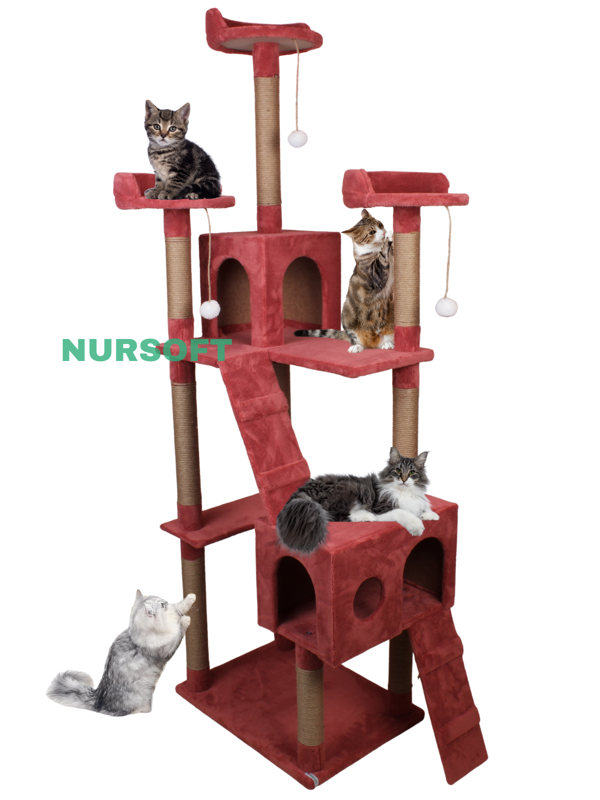 Nursoft Cat City 3 Stepli Ponponlu Şık Kedi Tırmalama ve Oyun Evi Çok Katlı Kedi Evi - Image 1