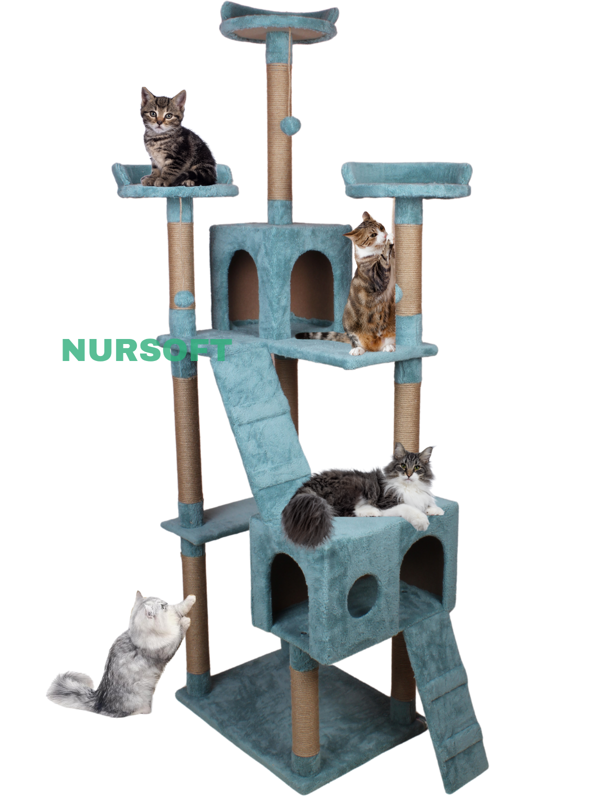 Nursoft Cat City 3 Stepli Ponponlu Şık Kedi Tırmalama ve Oyun Evi Çok Katlı Kedi Evi - Image 1