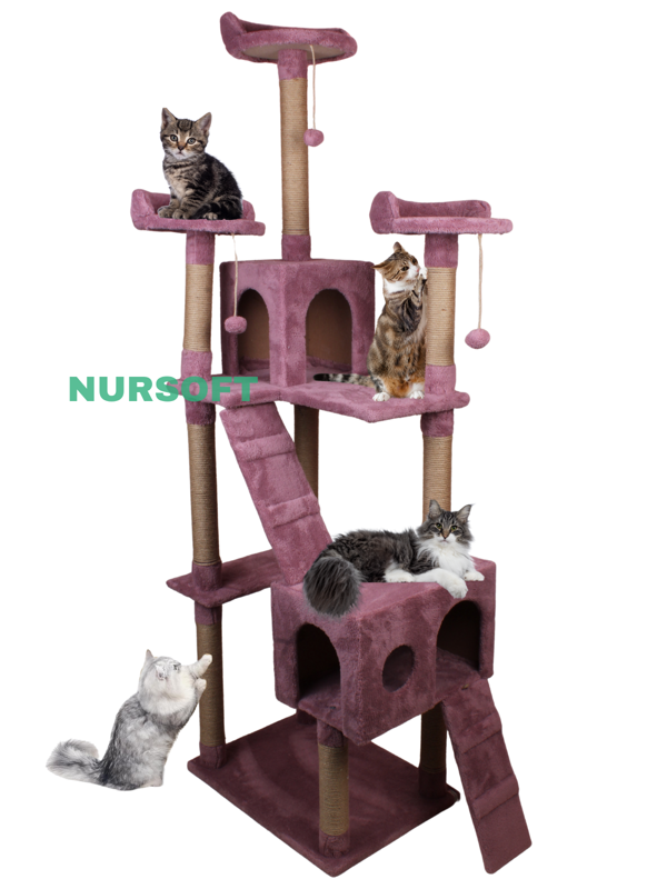 Nursoft Cat City 3 Stepli Ponponlu Şık Kedi Tırmalama ve Oyun Evi Çok Katlı Kedi Evi - Image 1