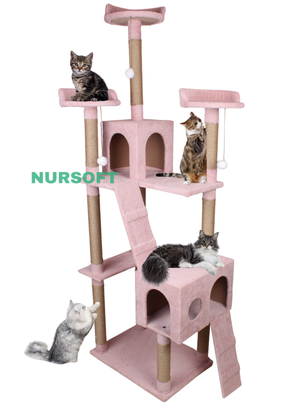 Nursoft Cat City 3 Stepli Ponponlu Şık Kedi Tırmalama ve Oyun Evi Çok Katlı Kedi Evi - Image 1