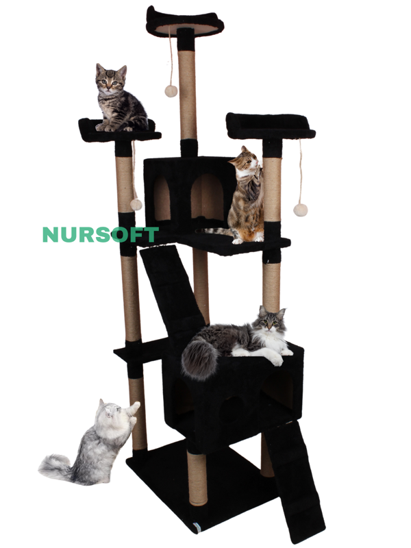 Nursoft Cat City 3 Stepli Ponponlu Şık Kedi Tırmalama ve Oyun Evi Çok Katlı Kedi Evi - Image 1
