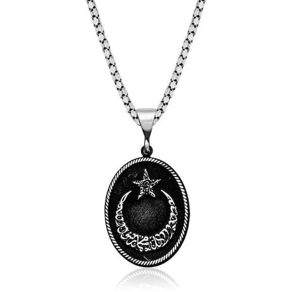 BlackCraft 925 Ayar Gümüş Kelime-i Tevhid Yazılı Ay Yıldız Erkek kolye (BC-4605CE) - Image 1
