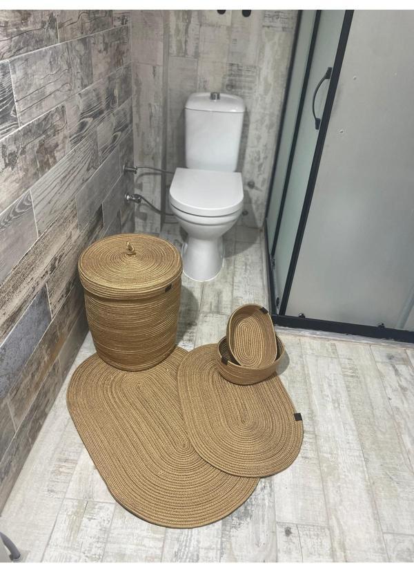 Jüt Hasır 5li Banyo Seti, Çamaşır Sepeti, Paspas Takımı, Oval Sepet-Düz Kırçıllı - Image 1