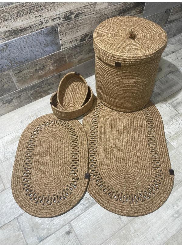 Jüt Hasır 5li Banyo Seti, Çamaşır Sepeti, Paspas Takımı, Oval Sepet-Kırçıllı Trikotlu - Image 1