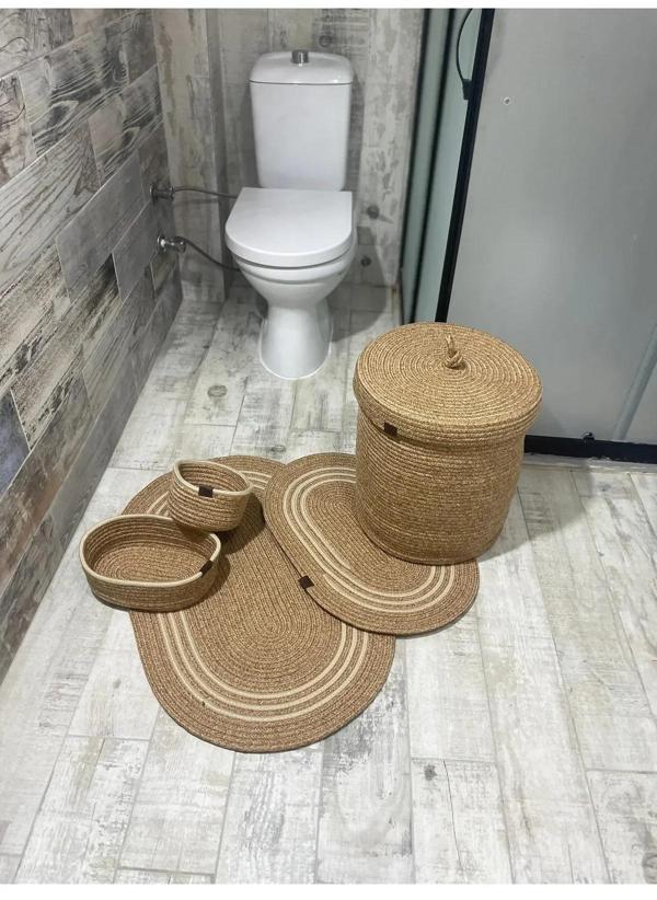 Jüt Hasır 5li Banyo Seti, Çamaşır Sepeti, Paspas Takımı, Oval Sepet-Krem Çizgili v1 - Image 1