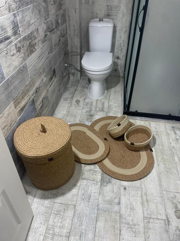 Jüt Hasır 5li Banyo Seti, Çamaşır Sepeti, Paspas Takımı, Oval Sepet-Krem Çizgili v2 - Image 1