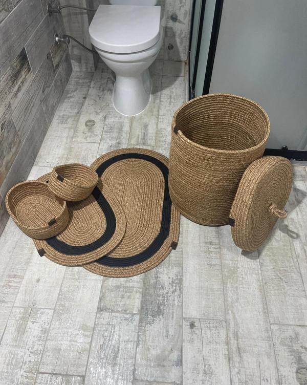 Jüt Hasır 5li Banyo Seti, Çamaşır Sepeti, Paspas Takımı, Oval Sepet-Siyah Çizgili - Image 1