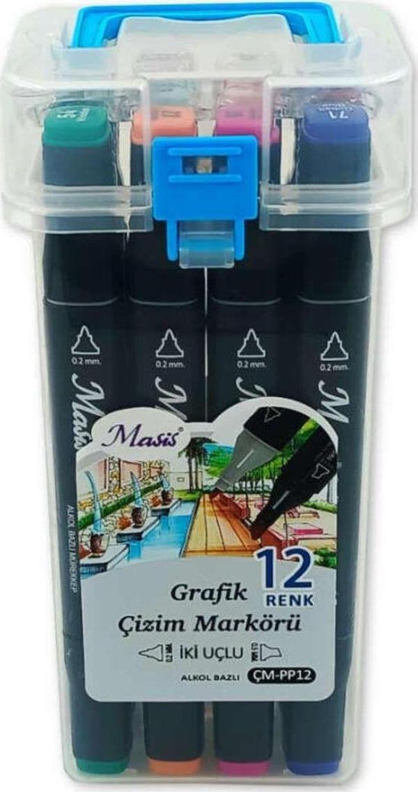 Masis Grafik Çizim Markör Kalemi Twin Çift Uçlu 0,2 Mm - 0,5 Mm 12 Renk Pp ÇM-PP12 - Image 1