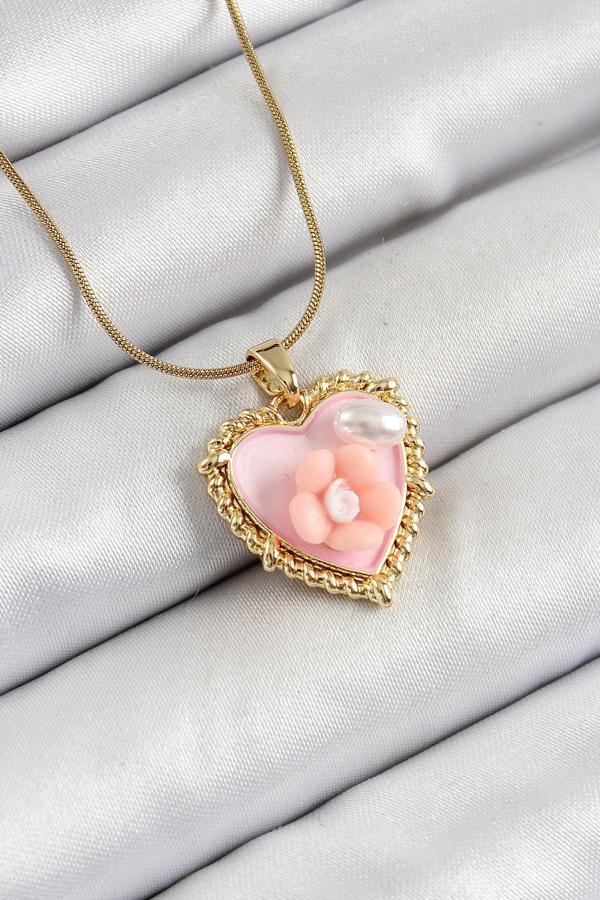 316L Çelik Zincir Pembe Sanatsal Portre İnci Detaylı Papatya Figürlü Kalp Model Gold Renk Kadın Kolye 10271 - Image 1