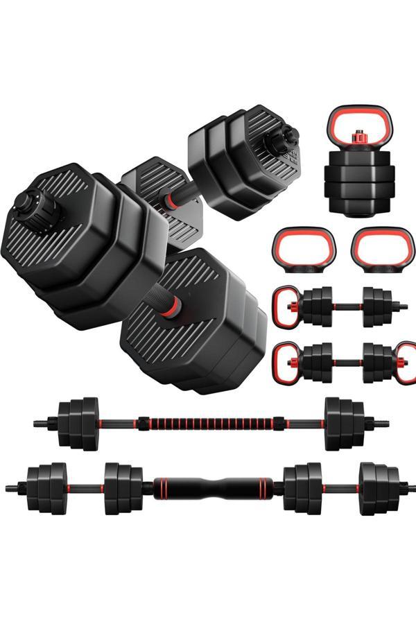 Hepitop 4’Ü 1 Arada Dambıl Seti 20 Kg | Ayarlanabilir Dumbbell – Barbell – Kettlebell – Şınav Barı Spor Seti - Image 1