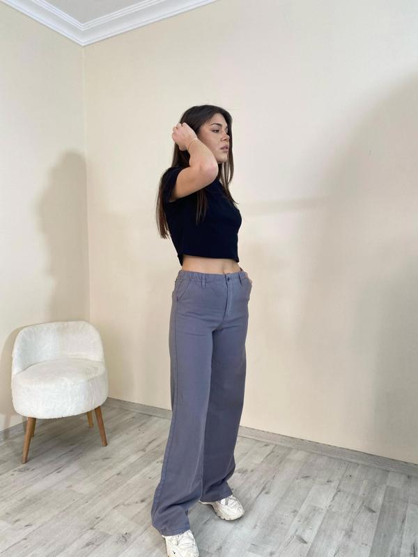 Yüksek Bel Düz Paça Gabardin Pantolon Füme Renk - Image 1