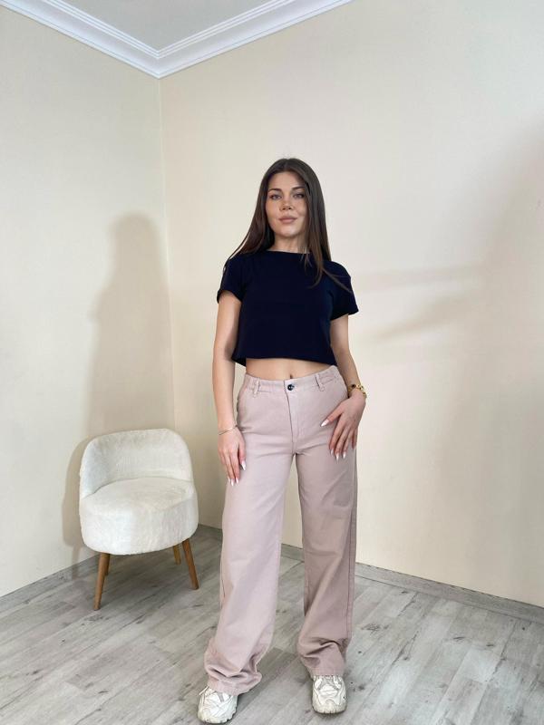 Yüksek Bel Düz Paça Gabardin Pantolon Koyu Taş Rengi - Image 1