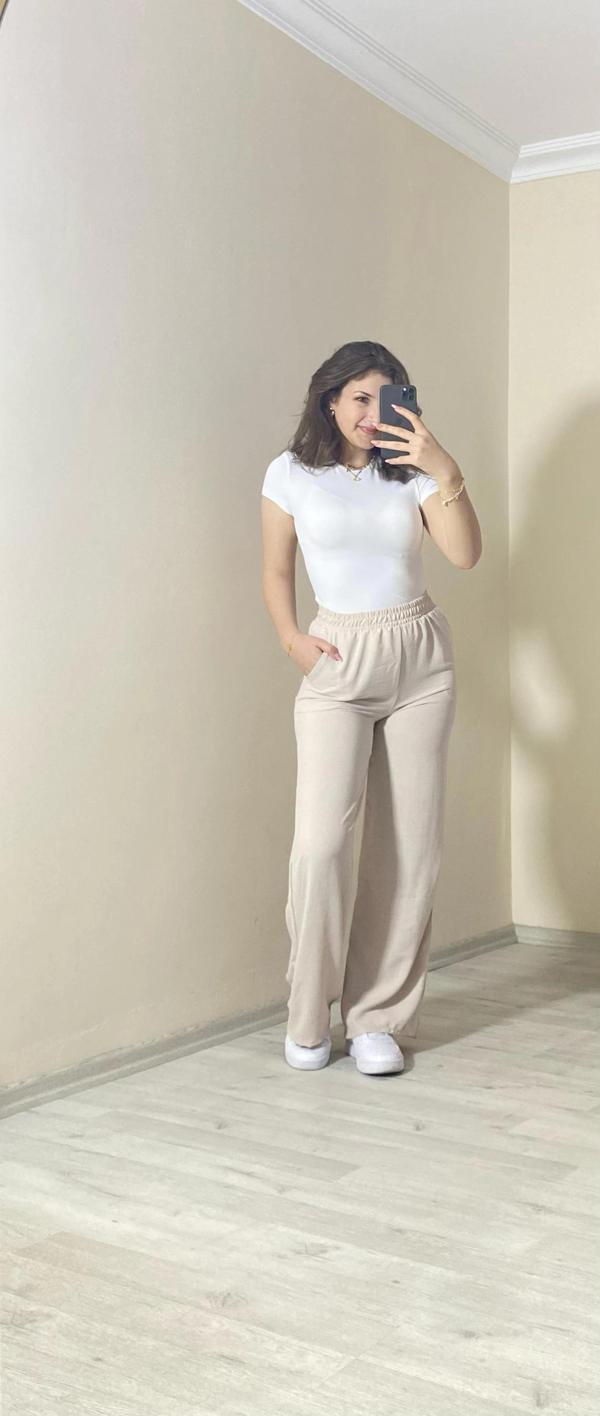 Yüksek Bel Beli Lastikli Bol Paça Pantolon – Taş Rengi - Image 1
