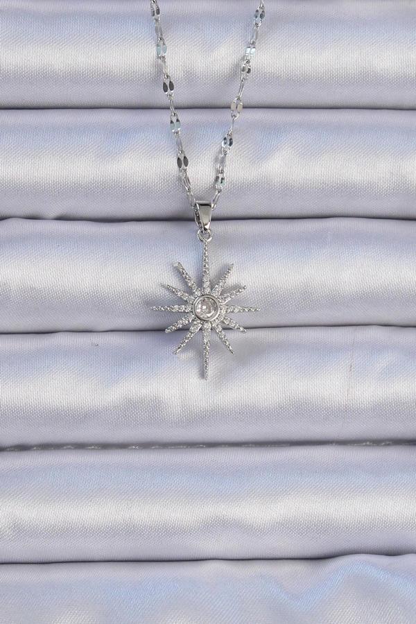 316L Çelik Zincir Gümüş Renk Zirkon Taşlı Kutup Yıldızı Kolye - Image 1