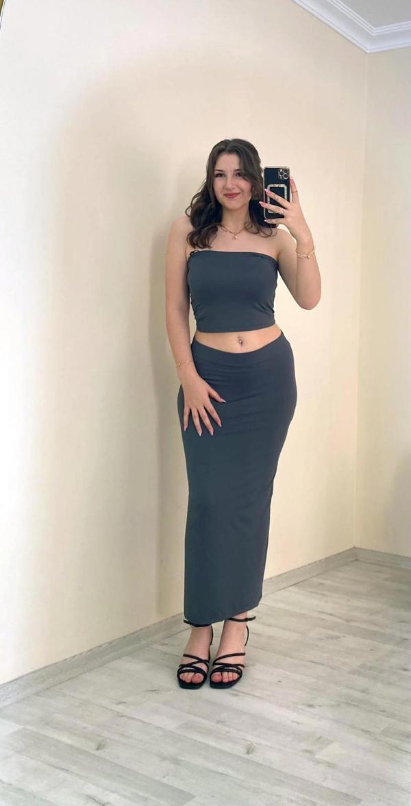 Bandeau Bustier & Maxi Etek Takım Gri - Image 1