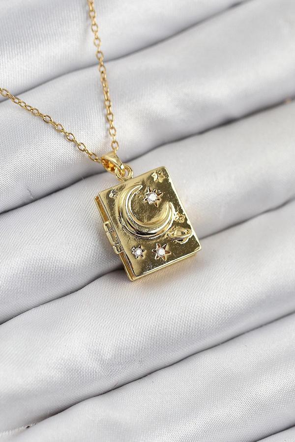 316L Çelik Zirkon Taşlı Açılabilr Kapaklı Kitap Model Gold Renk Kadın Kolye - Image 1