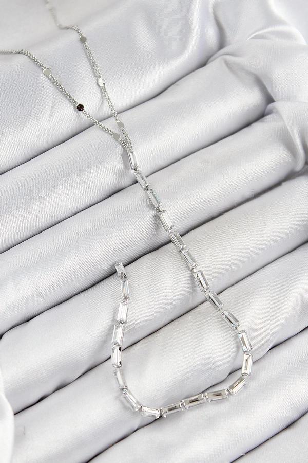 Pirinç Zirkon Taşlı Model Gümüş Renk Y Kolye - Image 1