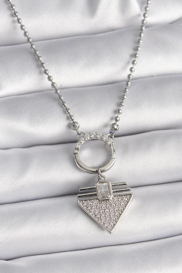 316L Çelik Gümüş Renk Topçuk Zincir Zirkon Taşlı Üçgen Model Kadın Kolye - Image 1