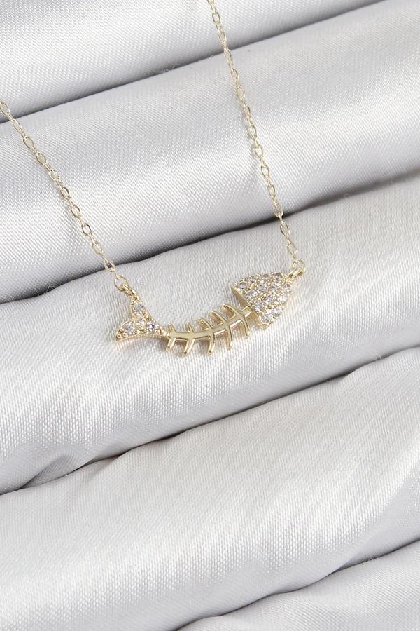 Pirinç Zirkon Taşlı Balık Kılçığı Model Gold Renk Kadın Kolye - Image 1