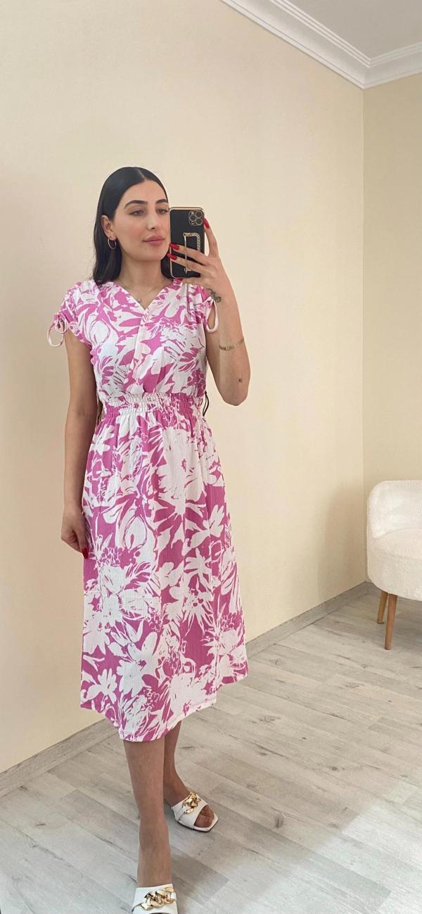 Bürümcük Omuz Büzgülü Beli Lastikli Elbise Pembe - Image 1