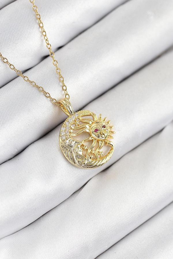 316L Çelik Zirkon Taşlı Ay Ve Güneş Model Gold Renk Kadın Kolye - Image 1