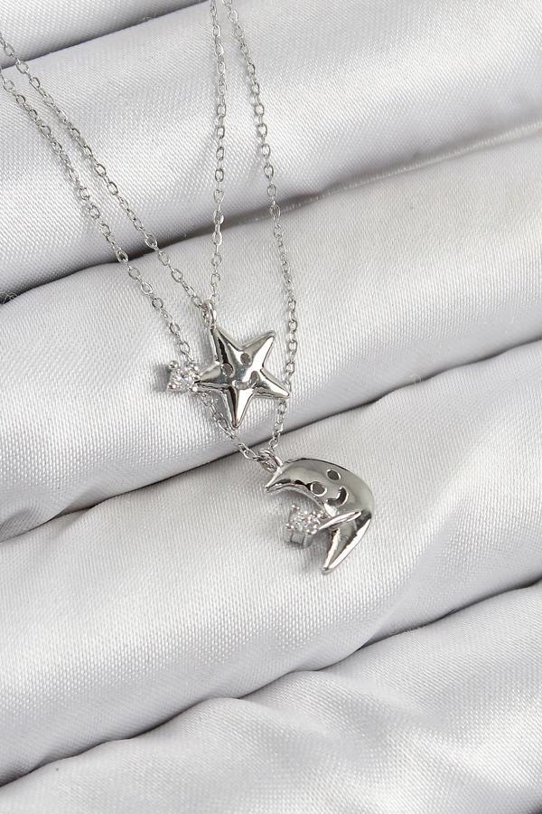 Pirinç Zirkon Taşlı Yıldız Ve Ay Model Gümüş Renk Kadın Kolye - Image 1