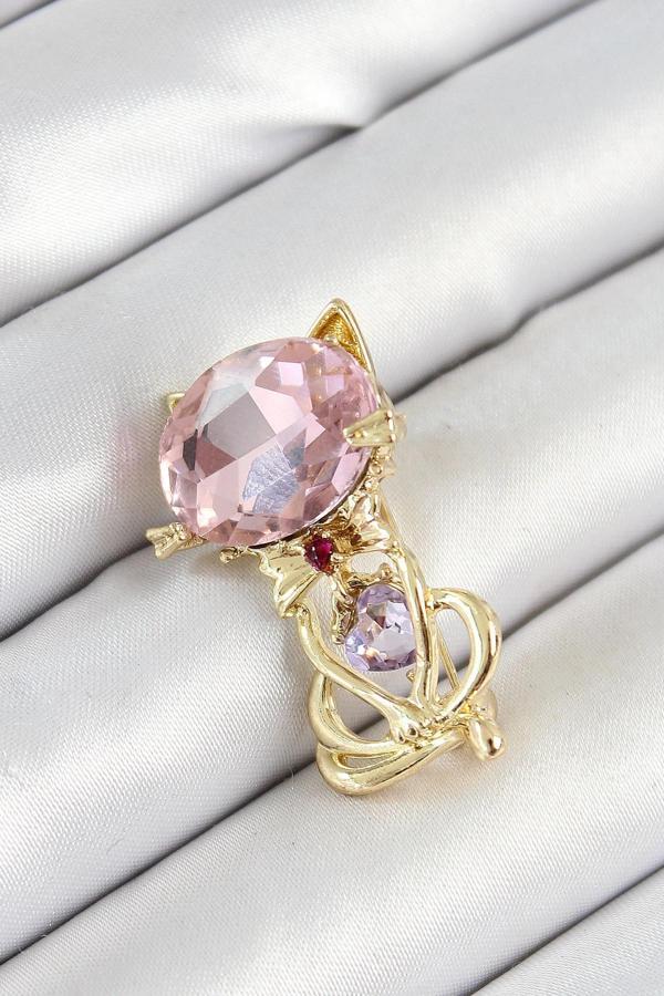 Pembe Zirkon Taşlı Kap Detaylı Kedi Figürlü Gold Renk Kadın Broş - Image 1