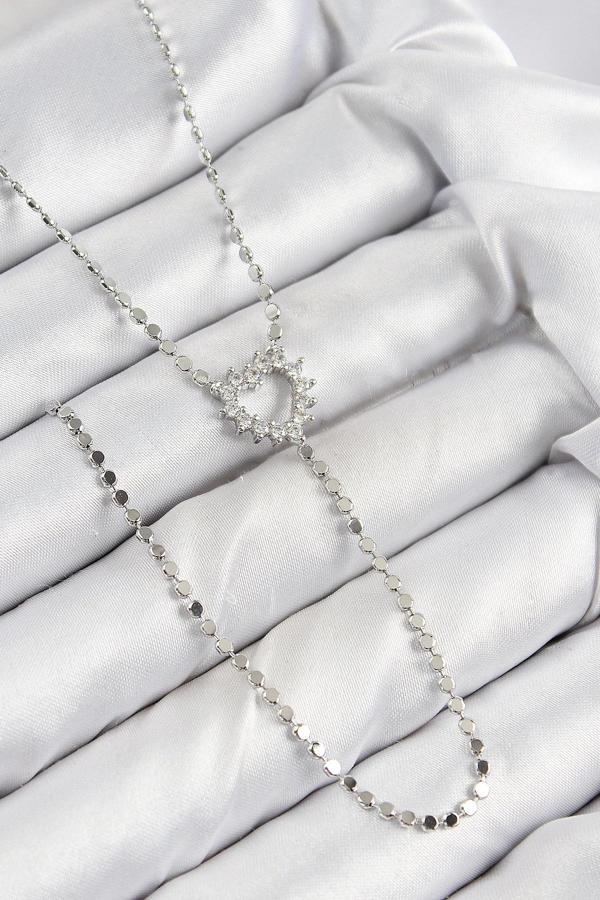 Pirinç Zirkon Taşlı Ezme Zincirli Kalp Model Gümüş Renk Y Kolye - Image 1