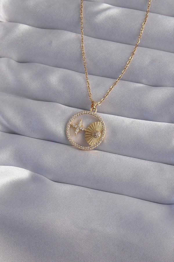 316L Çelik Zincir Gold Renk Zirkon Taşlı Yıldız Figürlü Oval Kolye - Image 1