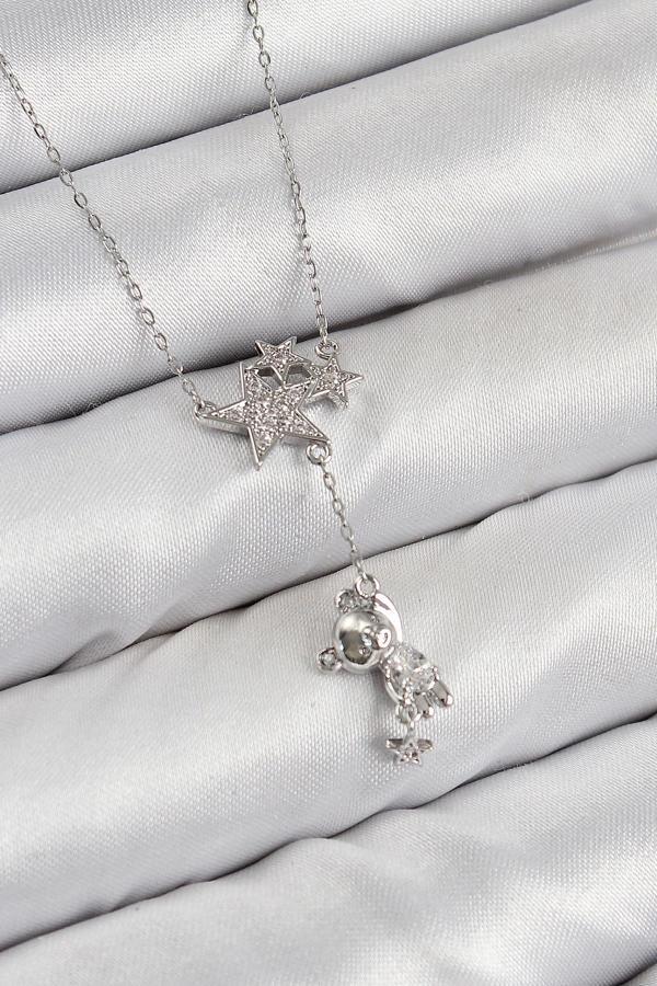 Pirinç Zirkon Taşlı Sallantılı Ayıcıklı Yıldız Model Gümüş Renk Kadın Kolye - Image 1