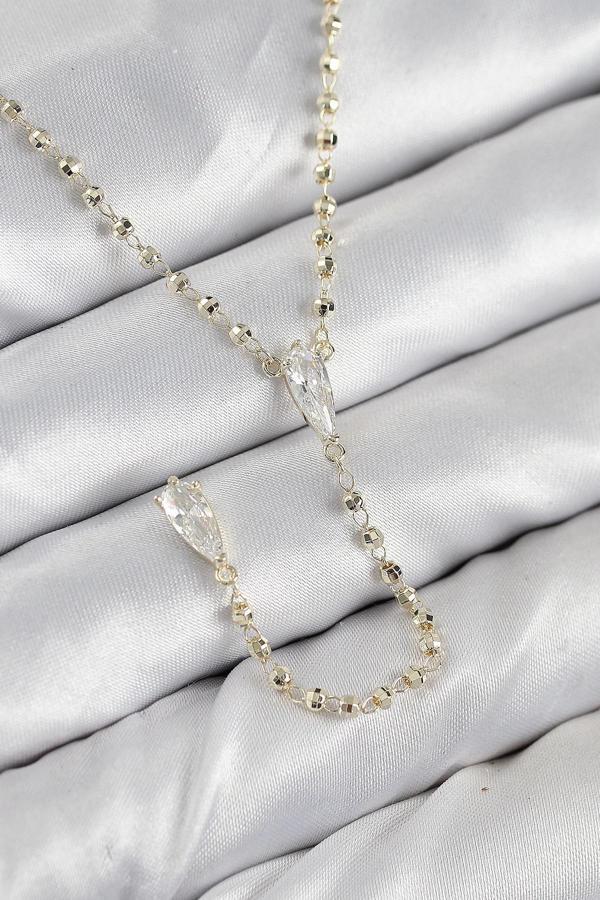 Pirinç Zirkon Taşlı Gold Renk Kadın Y Kolye - Image 1