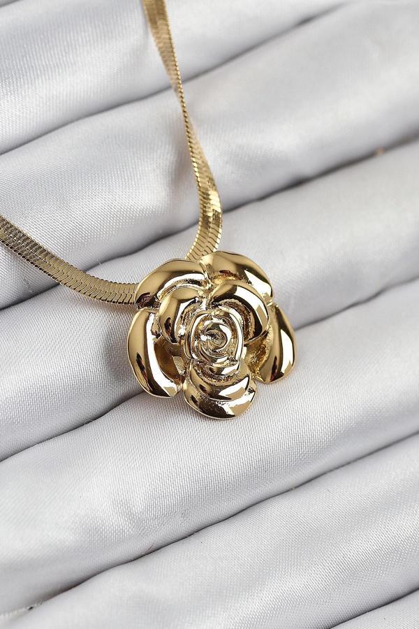 316L Çelik Gül Figürlü İtalyan Zincir Model Gold Renk Kadın Kolye - Image 1
