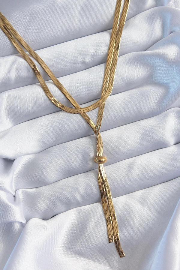 316L Çelik Gold Renk 2'li İtalyan Zincir Asansör Model Sallantı Detay Kadın Kolye - Image 1